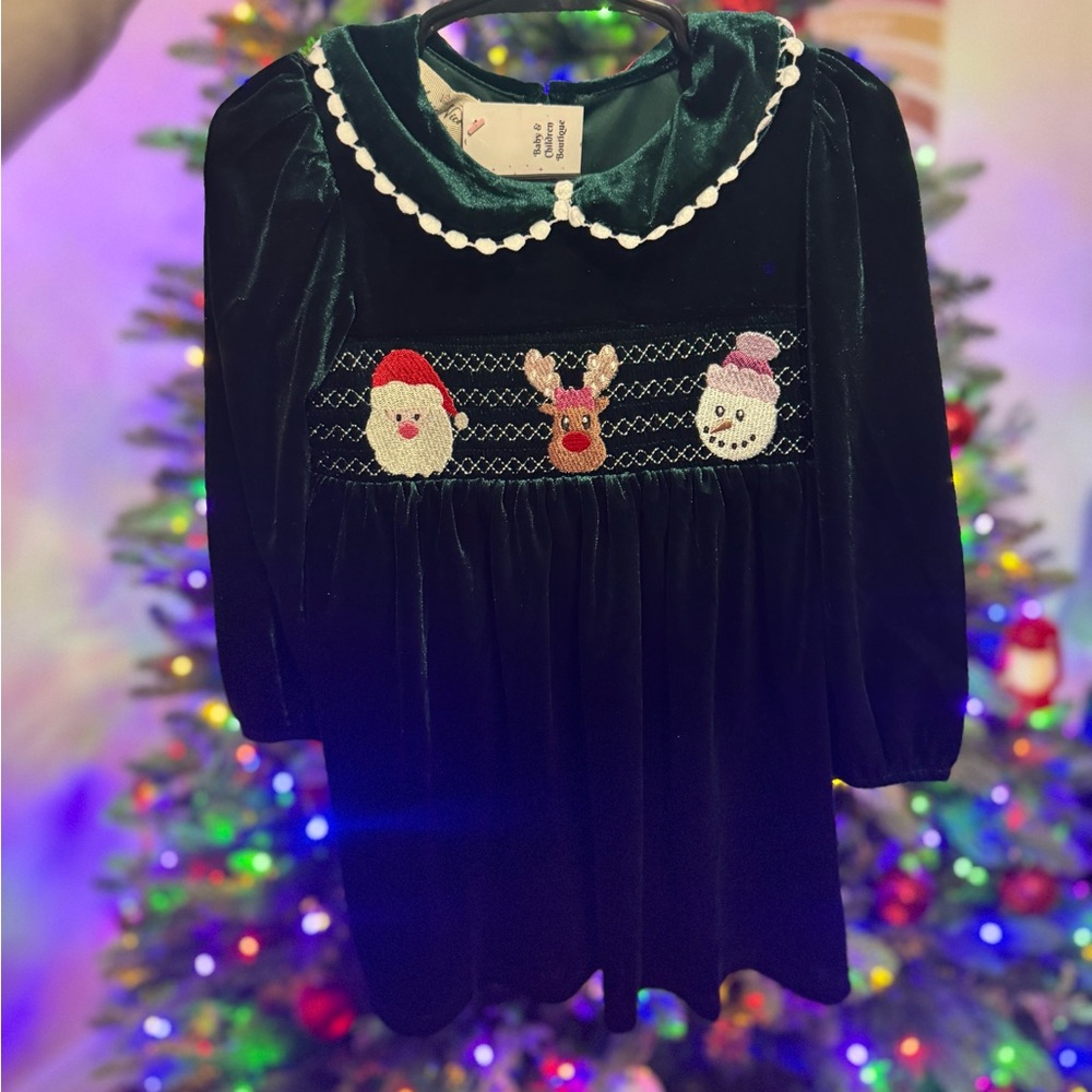 Green Velvet Kids Dress with Festive Embroidery